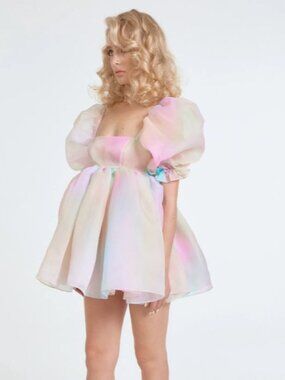 Selkie The Rainbow Puff Dress Womens XXL Pastel Organza Babydoll Puff Sleeve